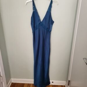 The Drop Valentina‎ Lace Trimmed Slip Dress Small Blue Satiny Deep V Plunge